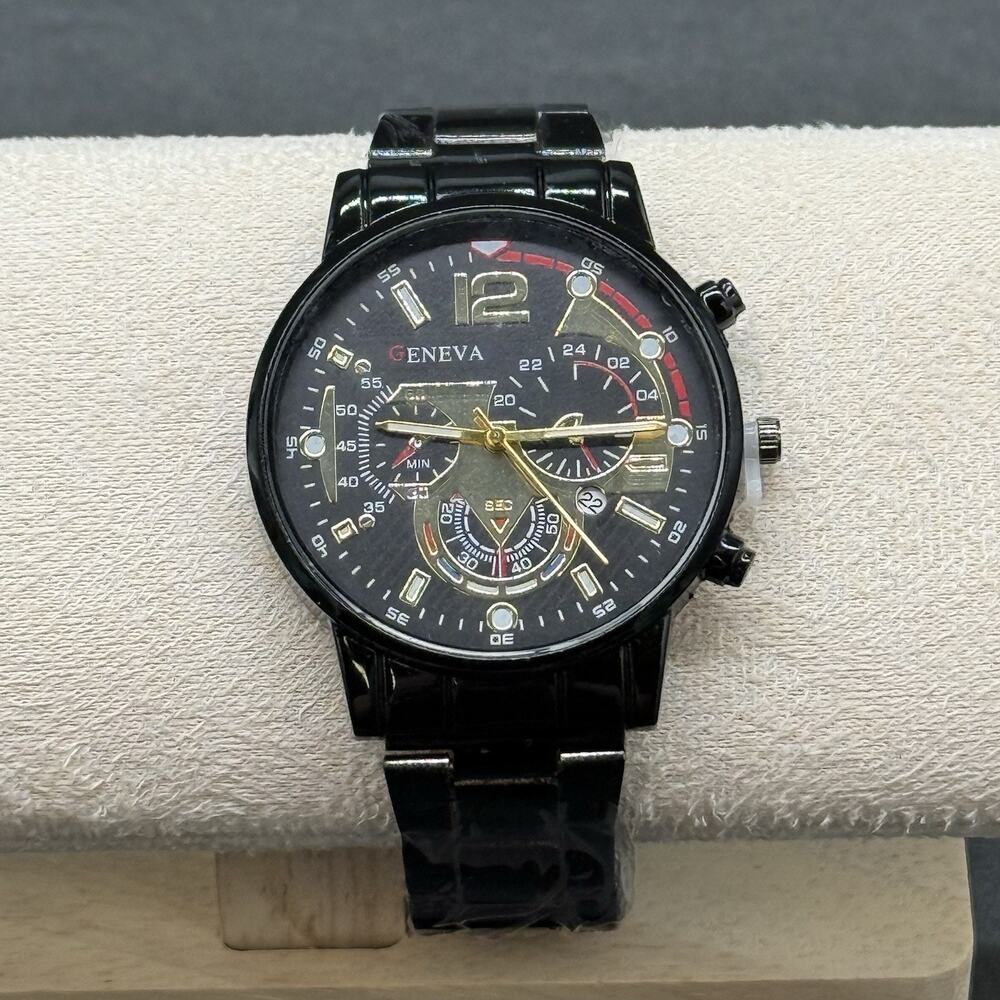 Geneva Mens Wristwatch Black Metal Bracelet Gold Tone Hands Analog Quartz Sporty